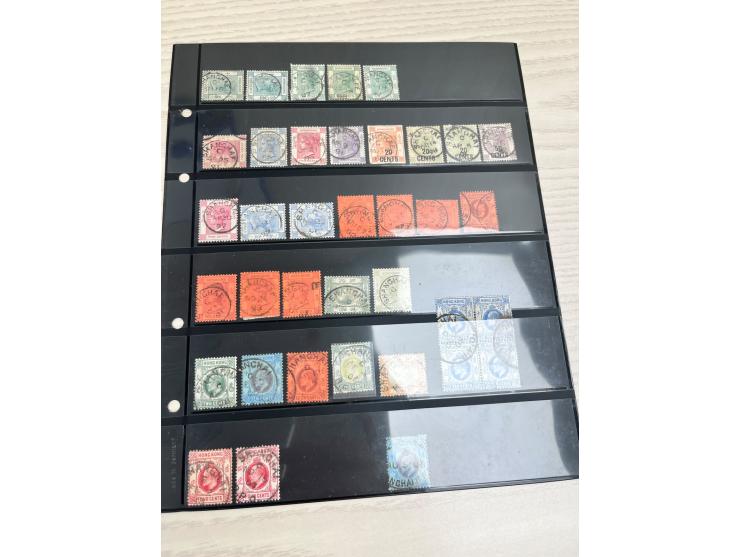 including treaty port's marking Amoy, Canton, B62 obliterators, Sunburst (Shanghai) cancel, Perfins, Company chops, Jubilee I